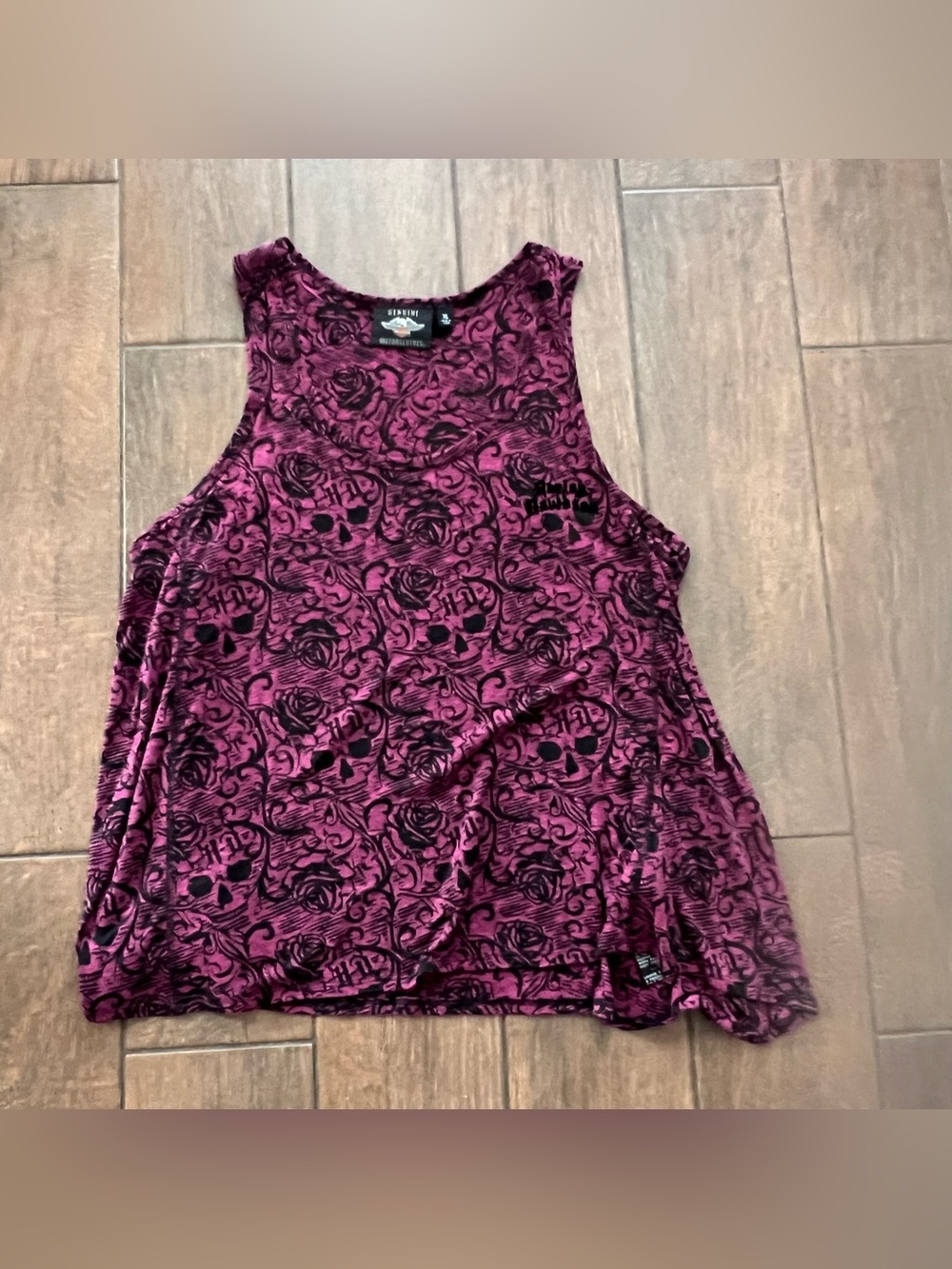 Harley Davidson Pink and Black Floral Skulls Biker Whimsigoth Burnout Tank sz XL